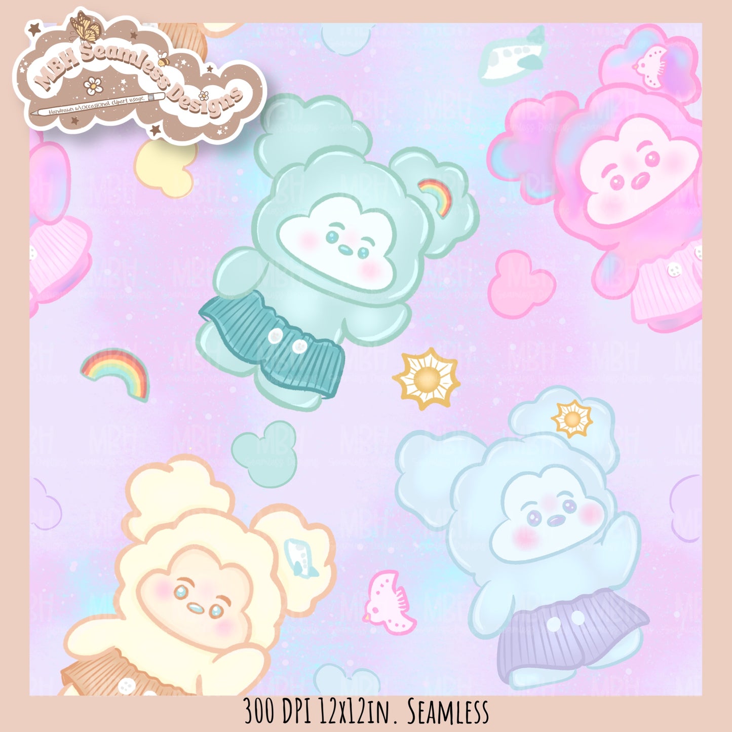Head In The Clouds Mouse Seamless Pattern // Assorted Colorway Options