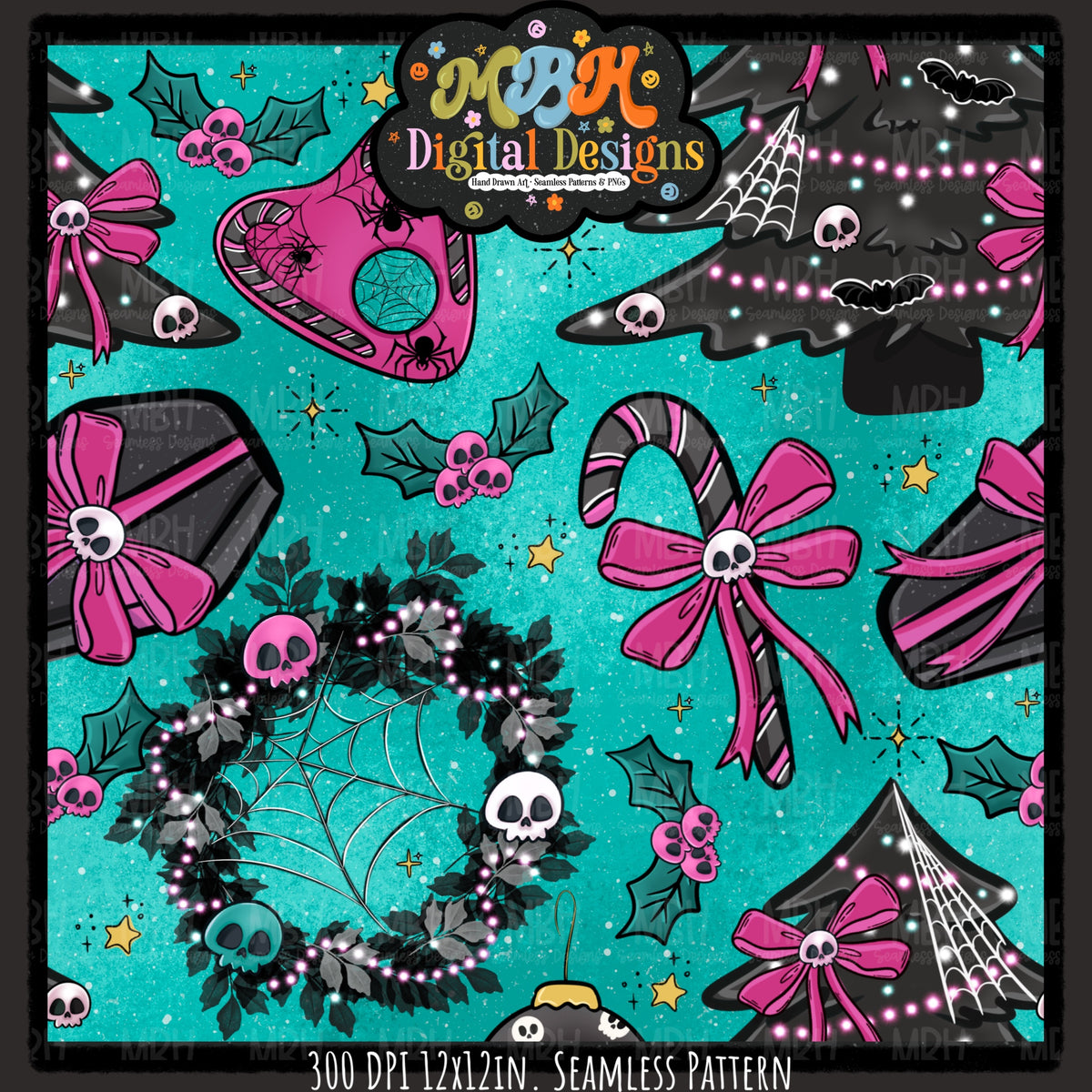 Creepy Christmas Skulls Seamless Pattern // PNG // MULTIPLE COLORWAYS