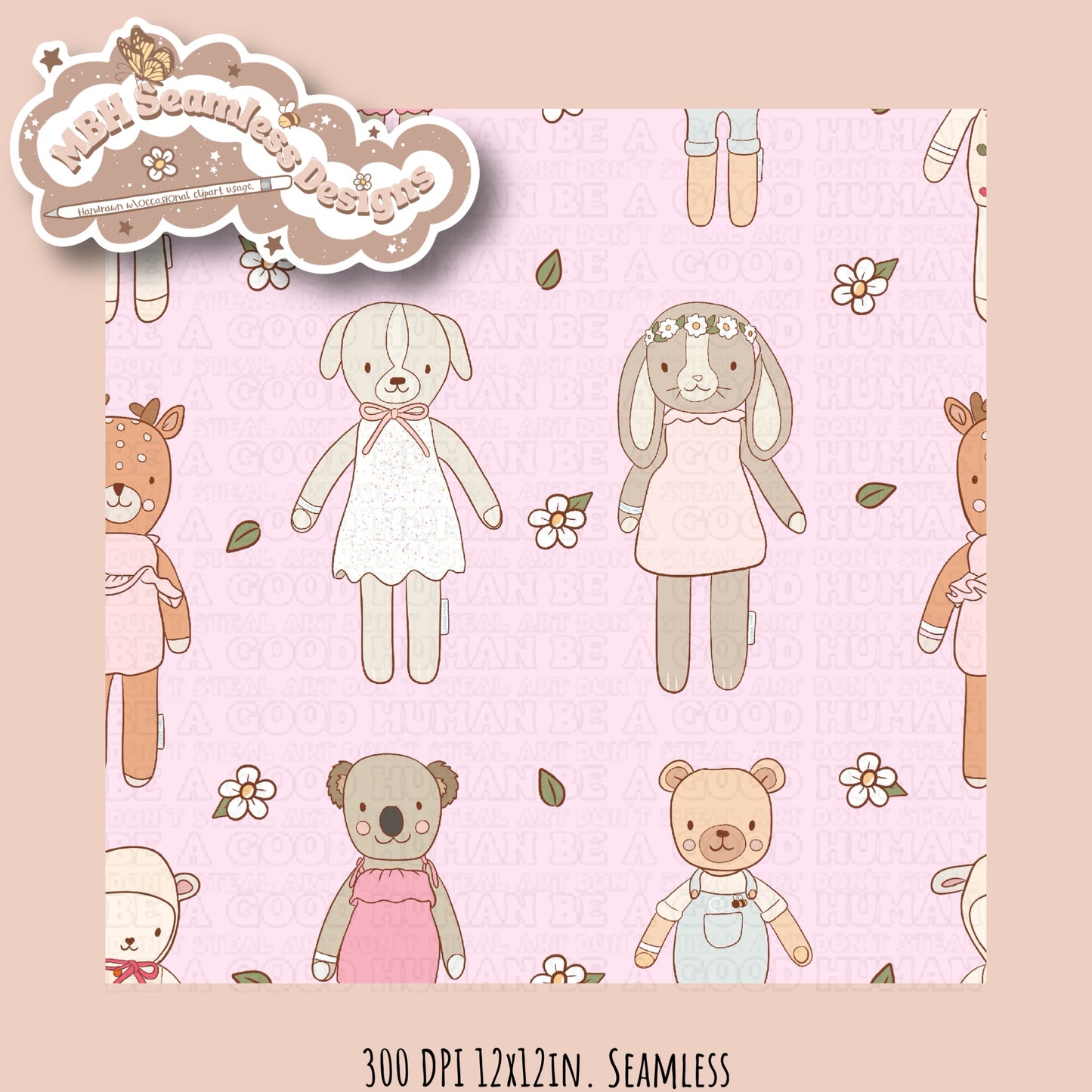 Boho Floral Cuddle & Kind Dolls Seamless Pattern MULTIPLE COLORWAYS