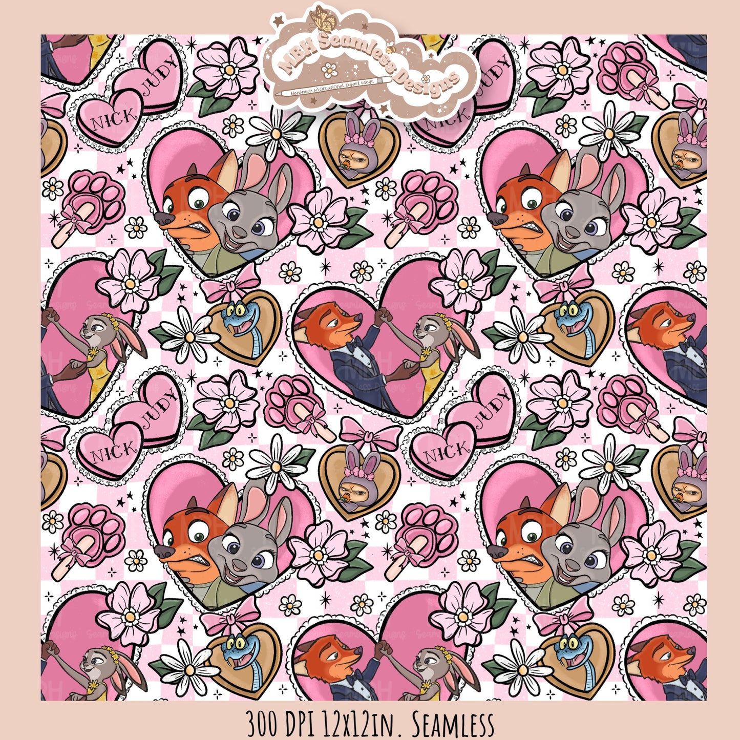Nick & Judy Romance Seamless Pattern // PNG // Assorted Colorways