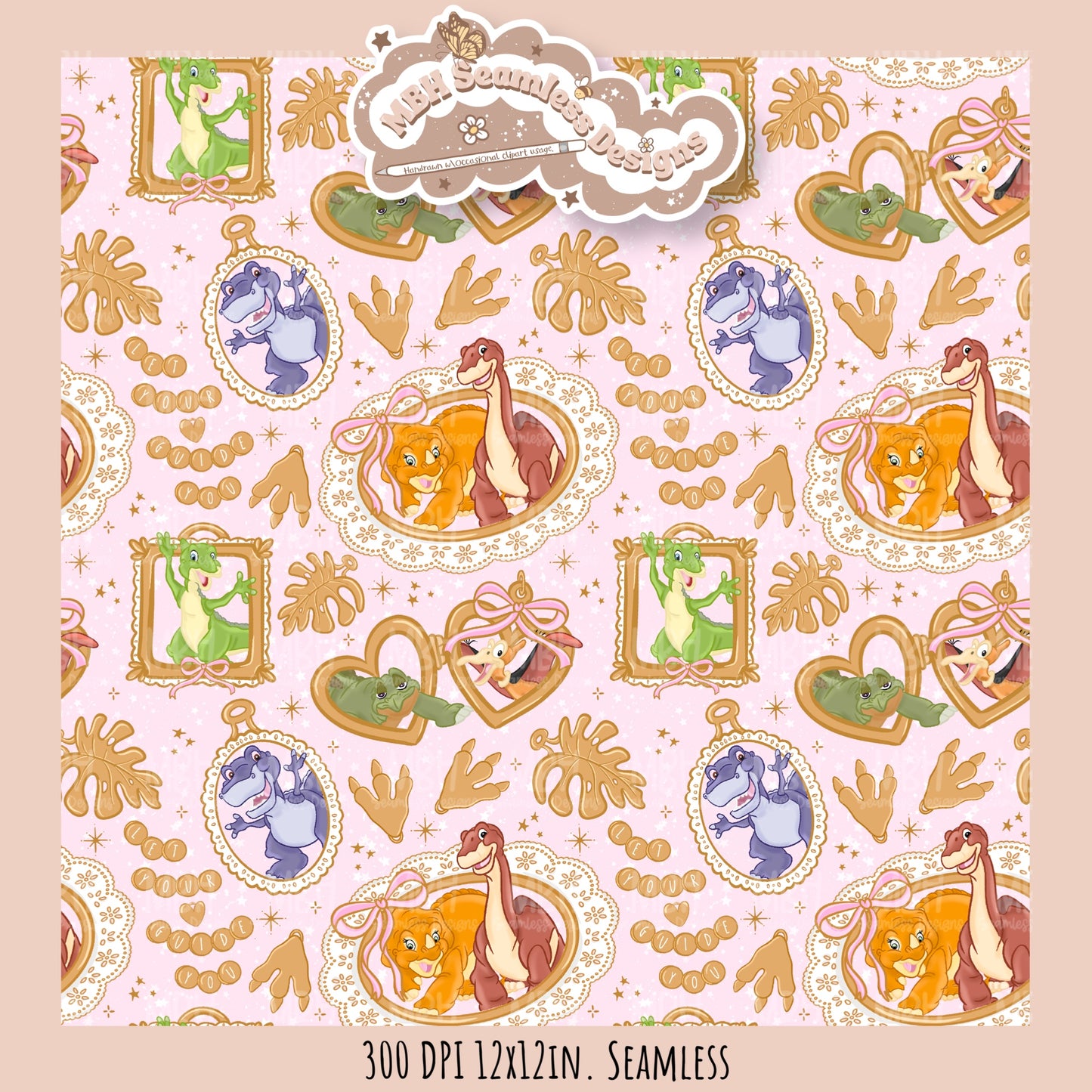 LBT Dinosaur Gold Charms Seamless Pattern // PNG // Multiple Colorway Options