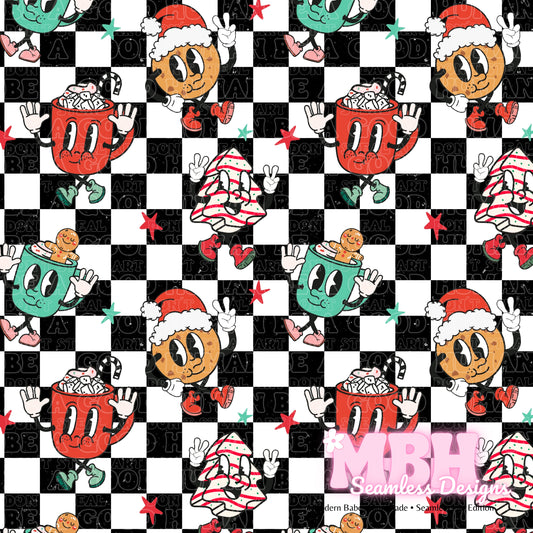 Checkered Holiday Character Treats Seamless Pattern