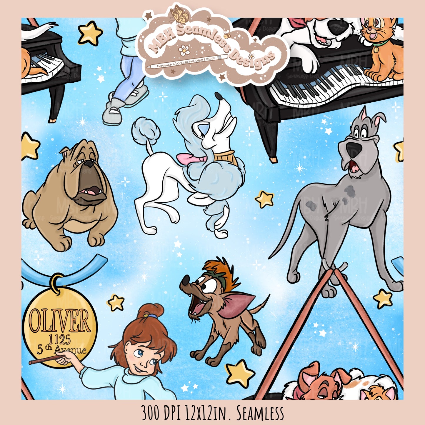 Starry Oliver and Friends Seamless Pattern // PNG //Multiple Colorway Options