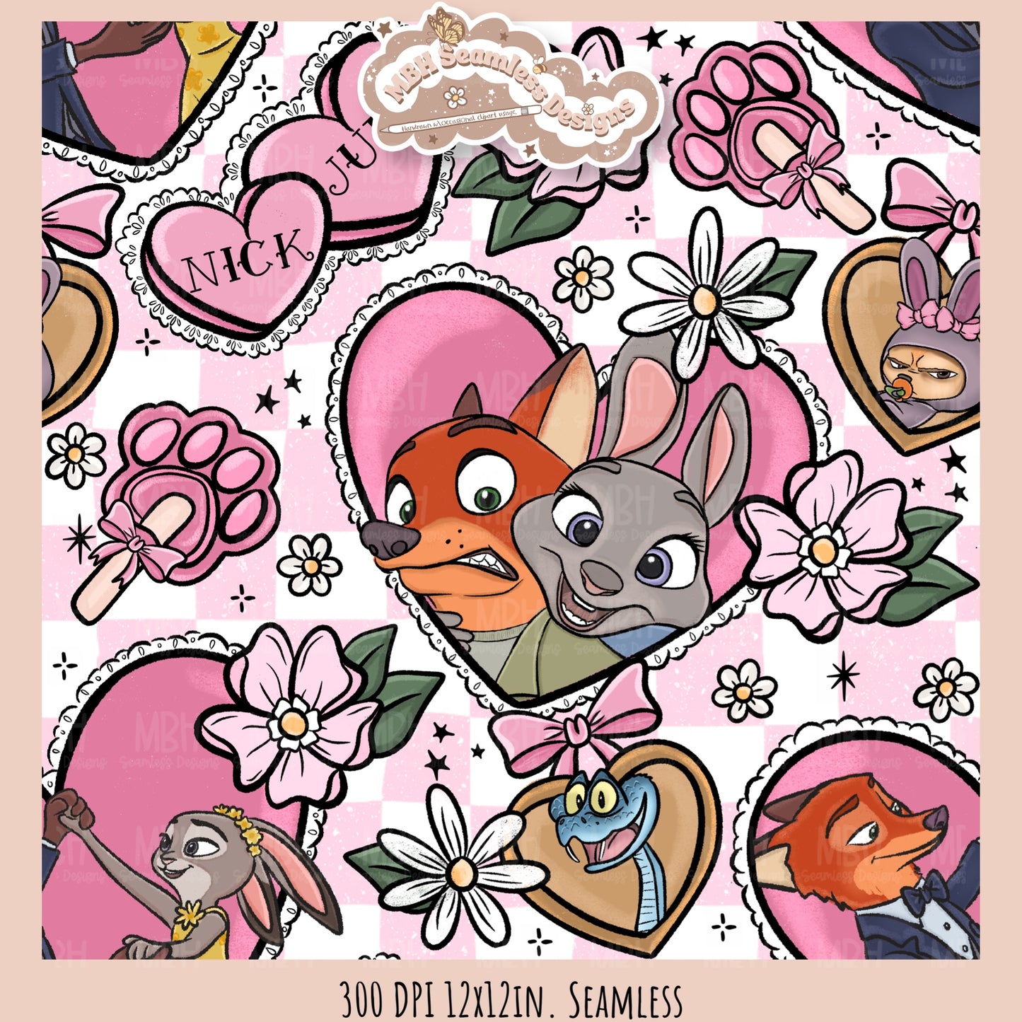 Nick & Judy Romance Seamless Pattern // PNG // Assorted Colorways