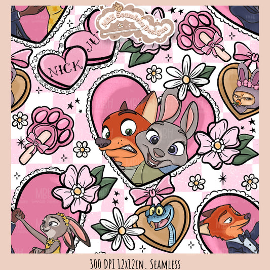 Nick & Judy Romance Seamless Pattern // PNG // Assorted Colorways