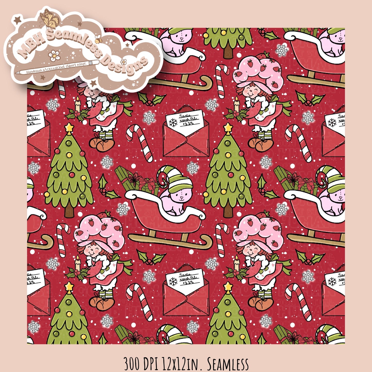 Christmas Strawberry Shortcake Seamless & PNG MULTIPLE COLORWAYS