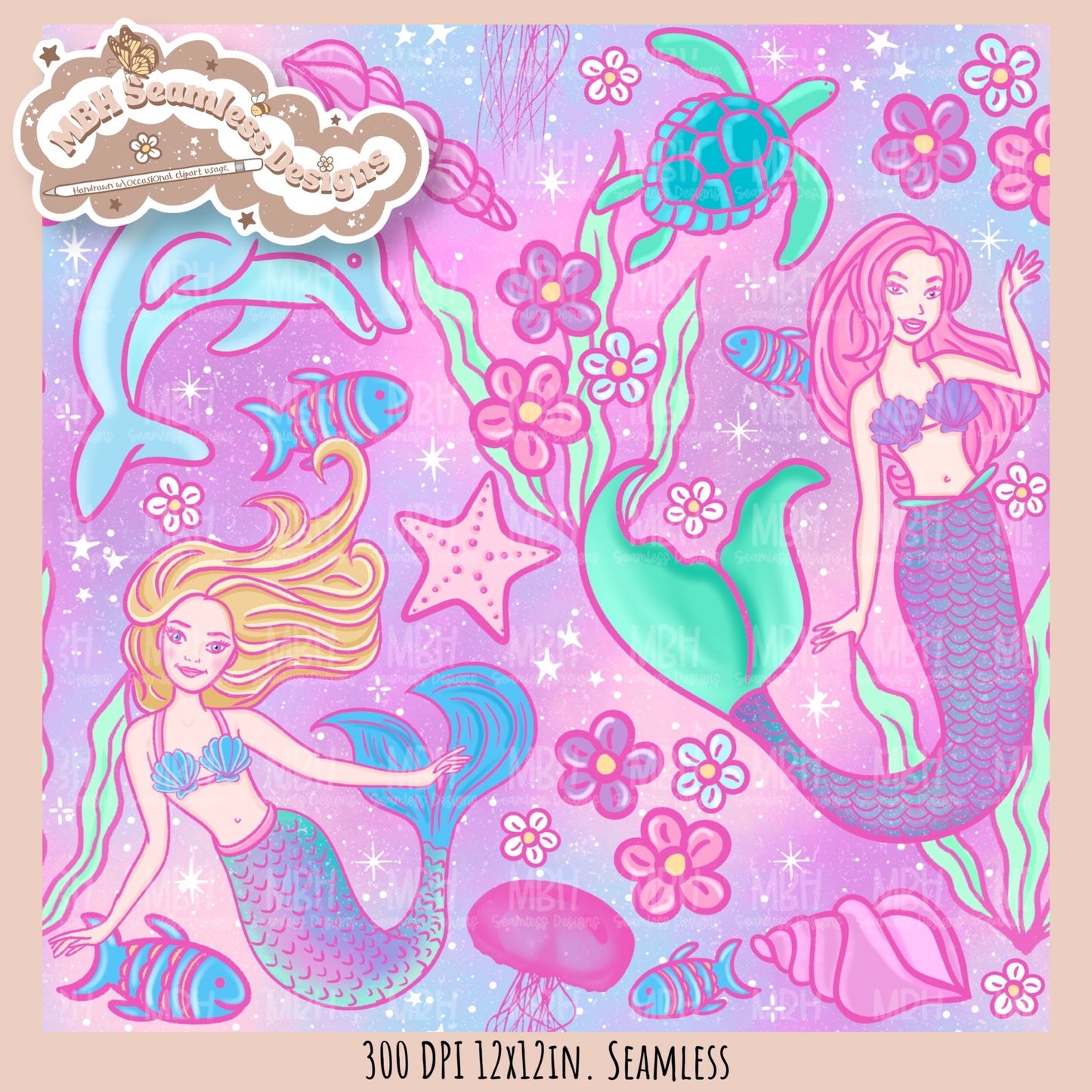 Barbie Mermaids Seamless Pattern //  MULTIPLE COLORWAYS