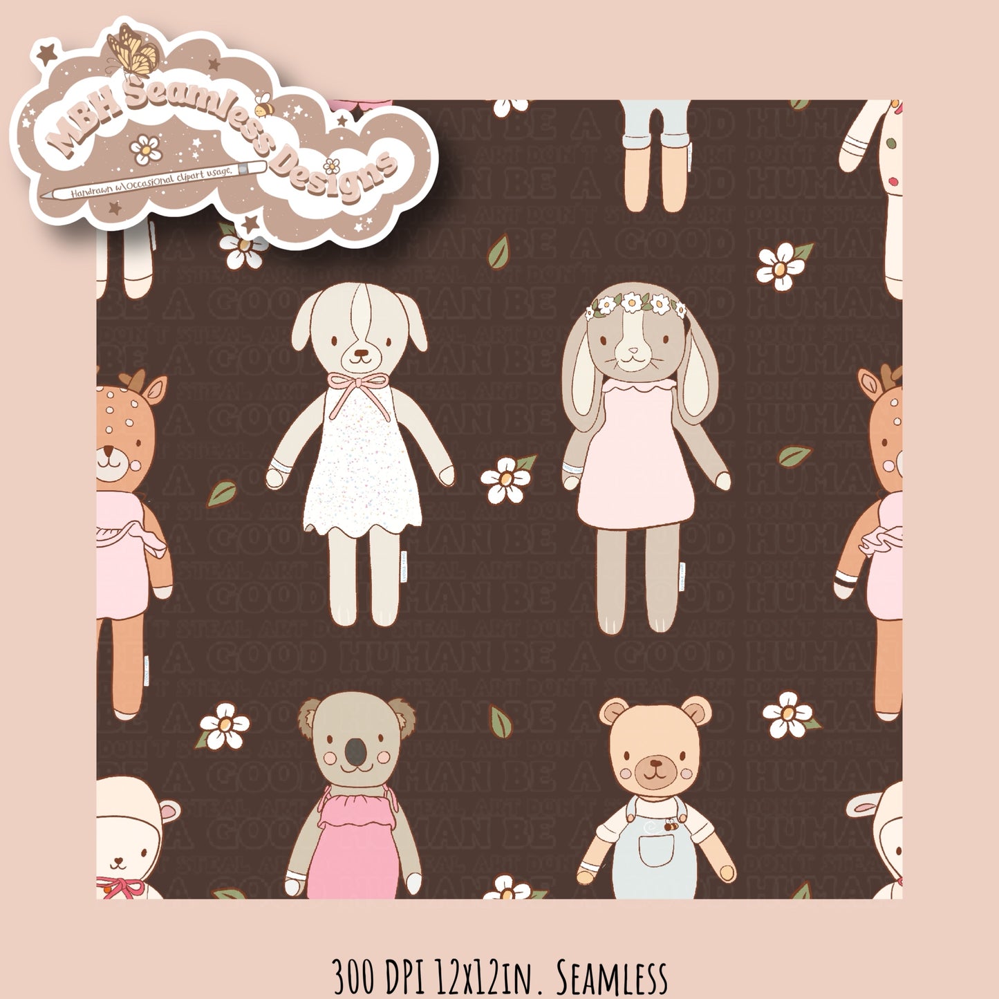 Boho Floral Cuddle & Kind Dolls Seamless Pattern MULTIPLE COLORWAYS