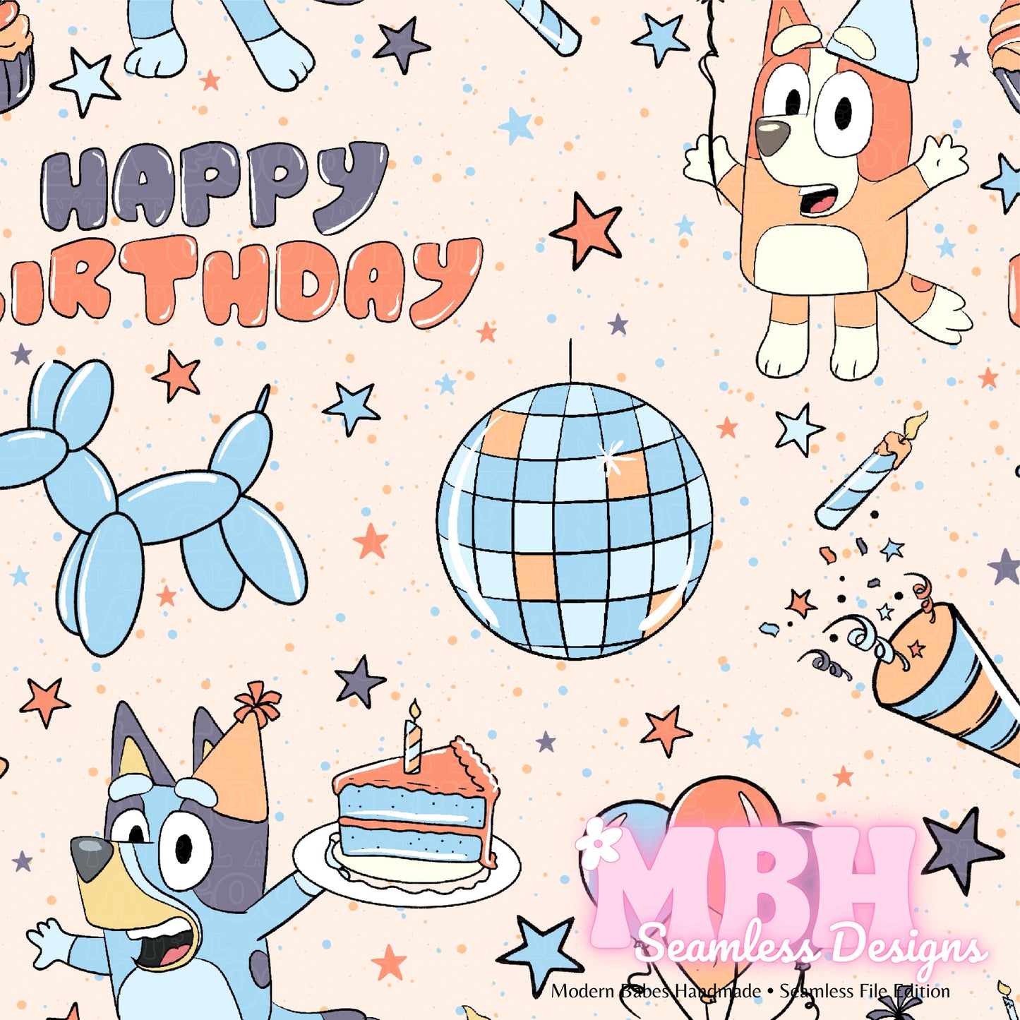 Heeler Disco Birthday MULTIPLE COLORWAYS Seamless Pattern