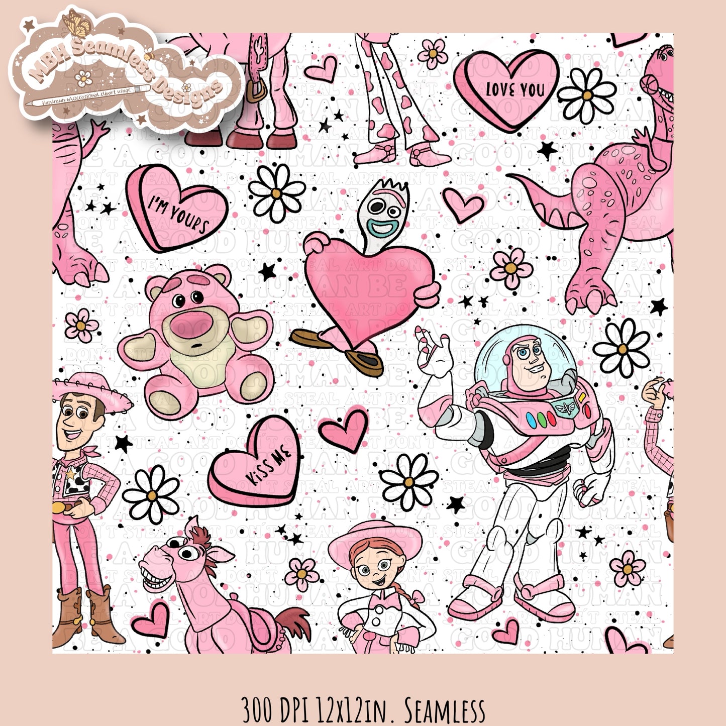 Pink Toy Story Valentine’s Day Seamless Pattern & PNG Multiple Colorways