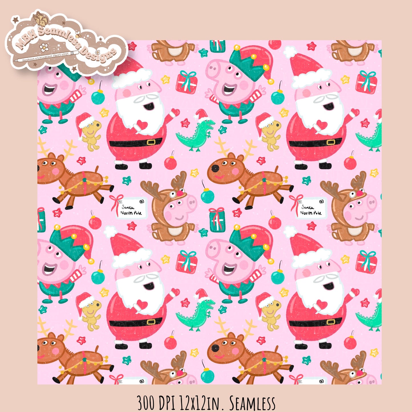 Peppa Christmas Seamless Pattern // PNG // Assorted Colorways