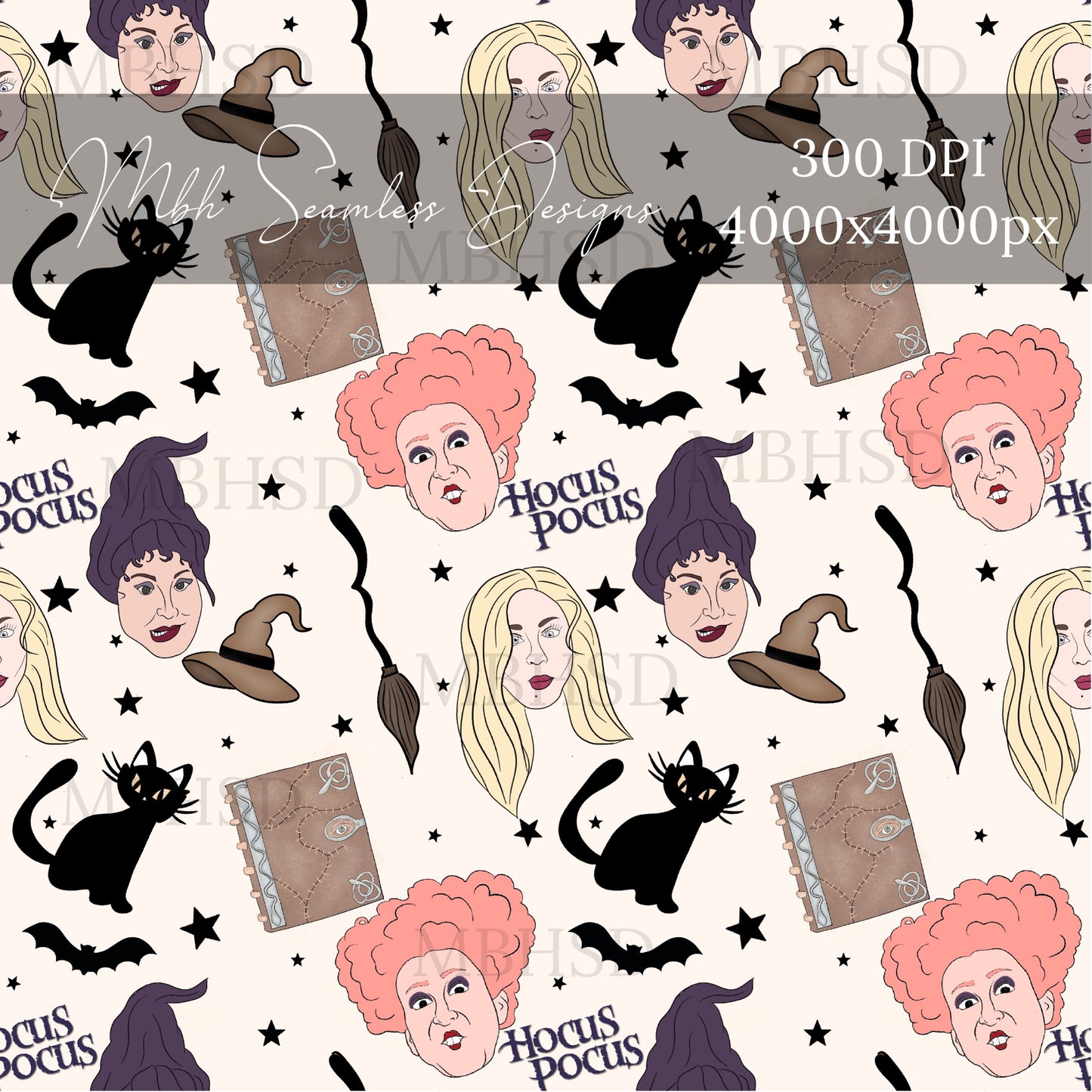 Black Starry Hocus Pocus 2 Colors Seamless Pattern