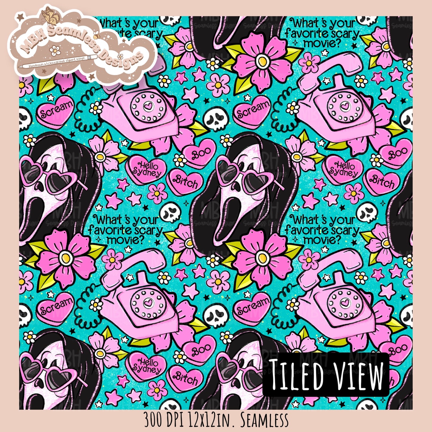 Glitter Tattoo Floral x Ghostface Seamless Pattern // PNG //Multiple Colorway Options