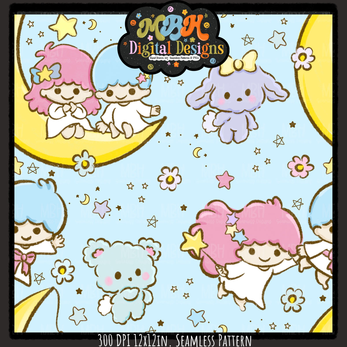 Little Twin Stars Seamless Pattern // PNG // Assorted Colorways