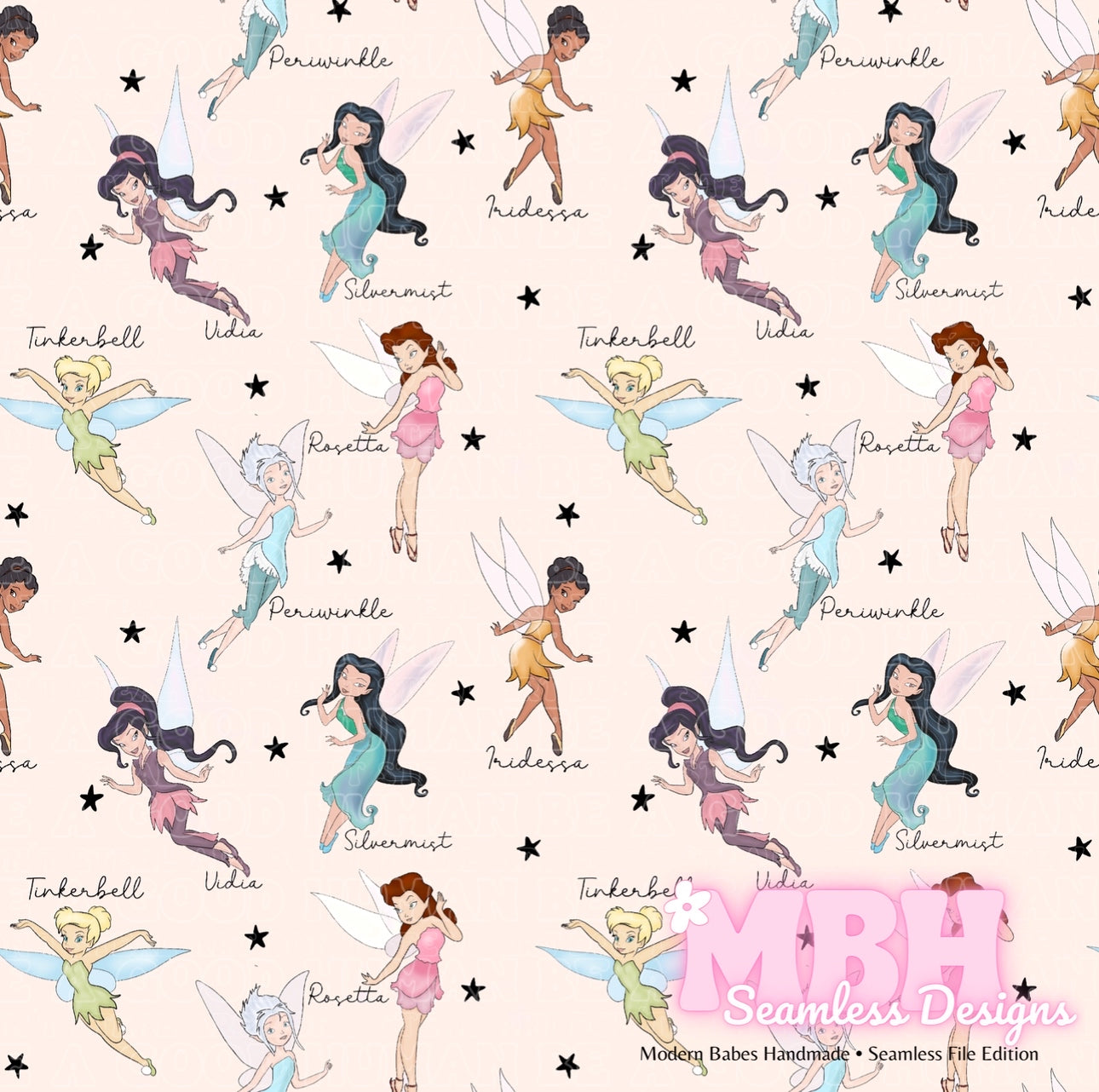 Tink & Friends Black Starry Names Seamless Pattern