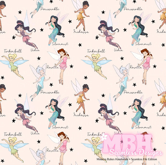 Tink & Friends Black Starry Names Seamless Pattern