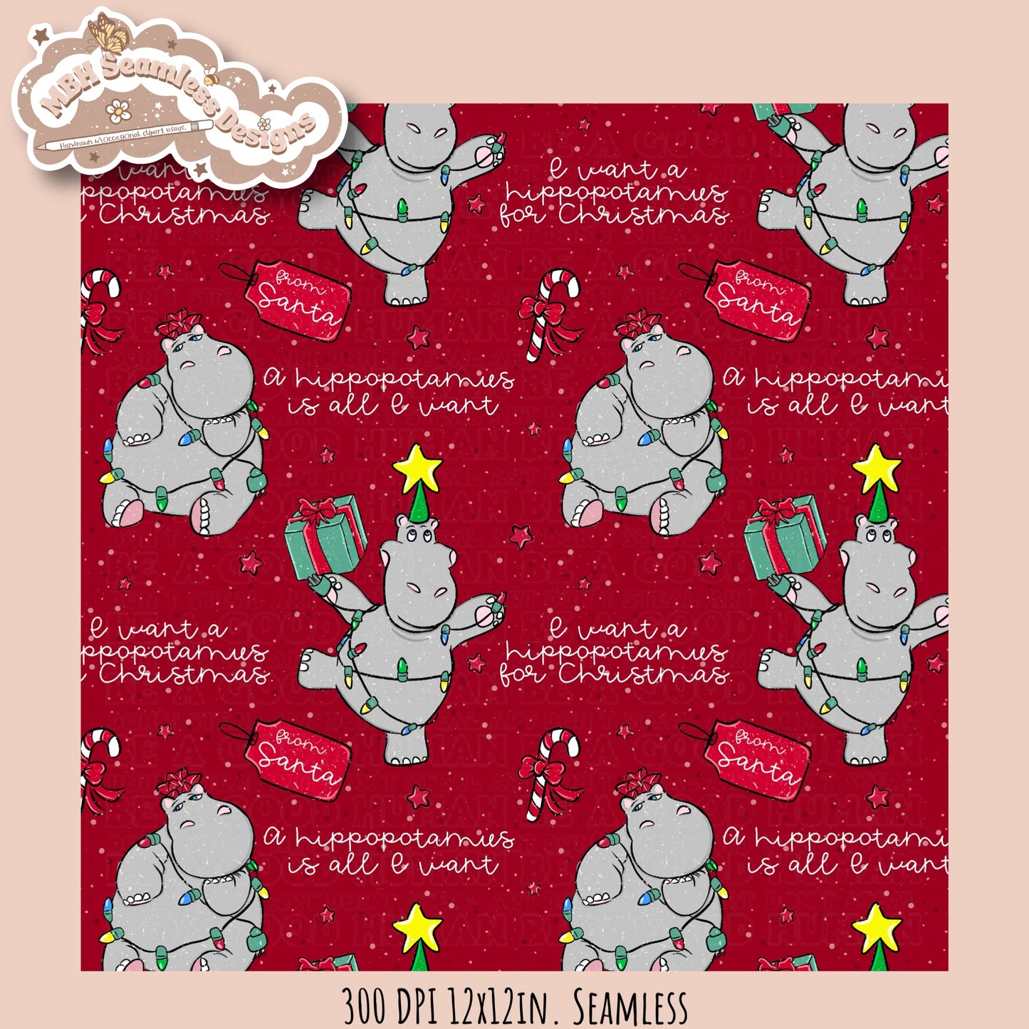 Hippopotamus Christmas Seamless Pattern MULTIPLE COLORWAYS