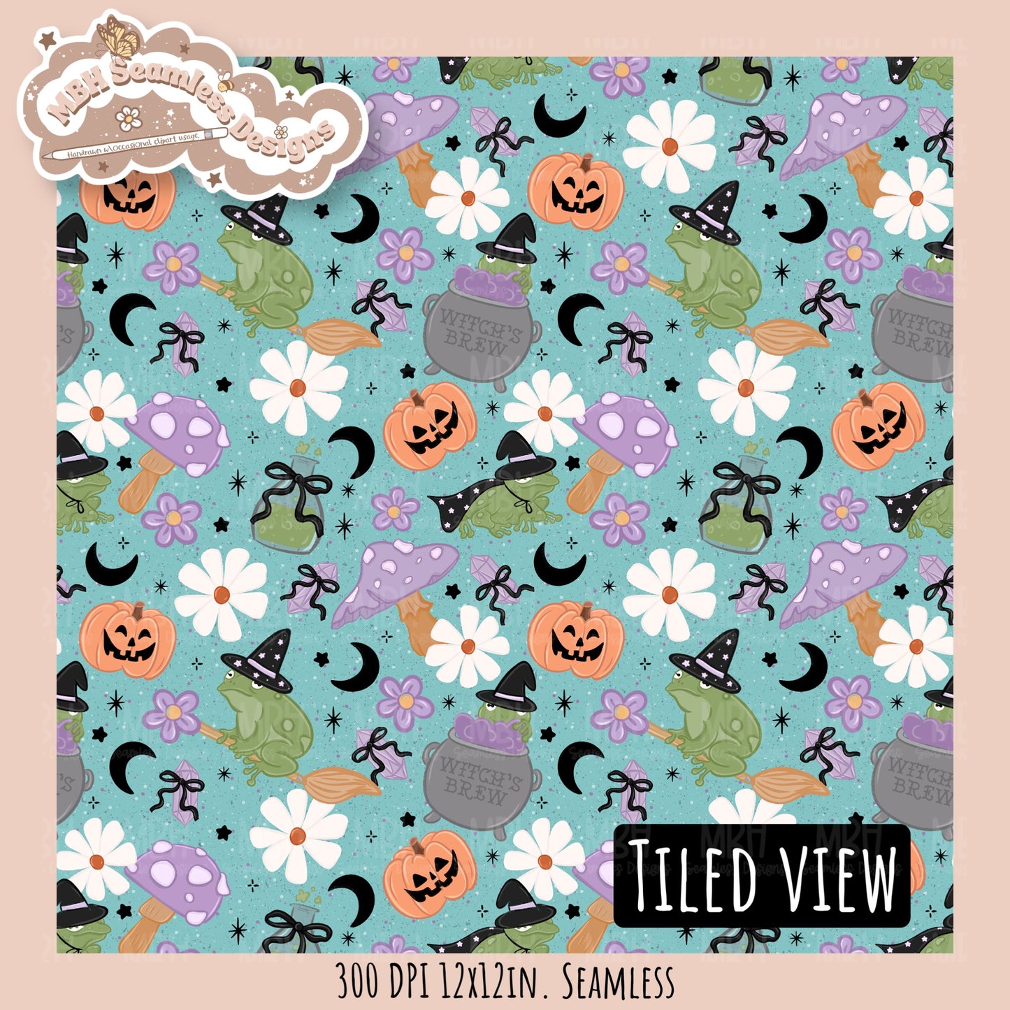 Coquette Witchy Frogs Seamless Pattern•PNG•Multiple Colorways