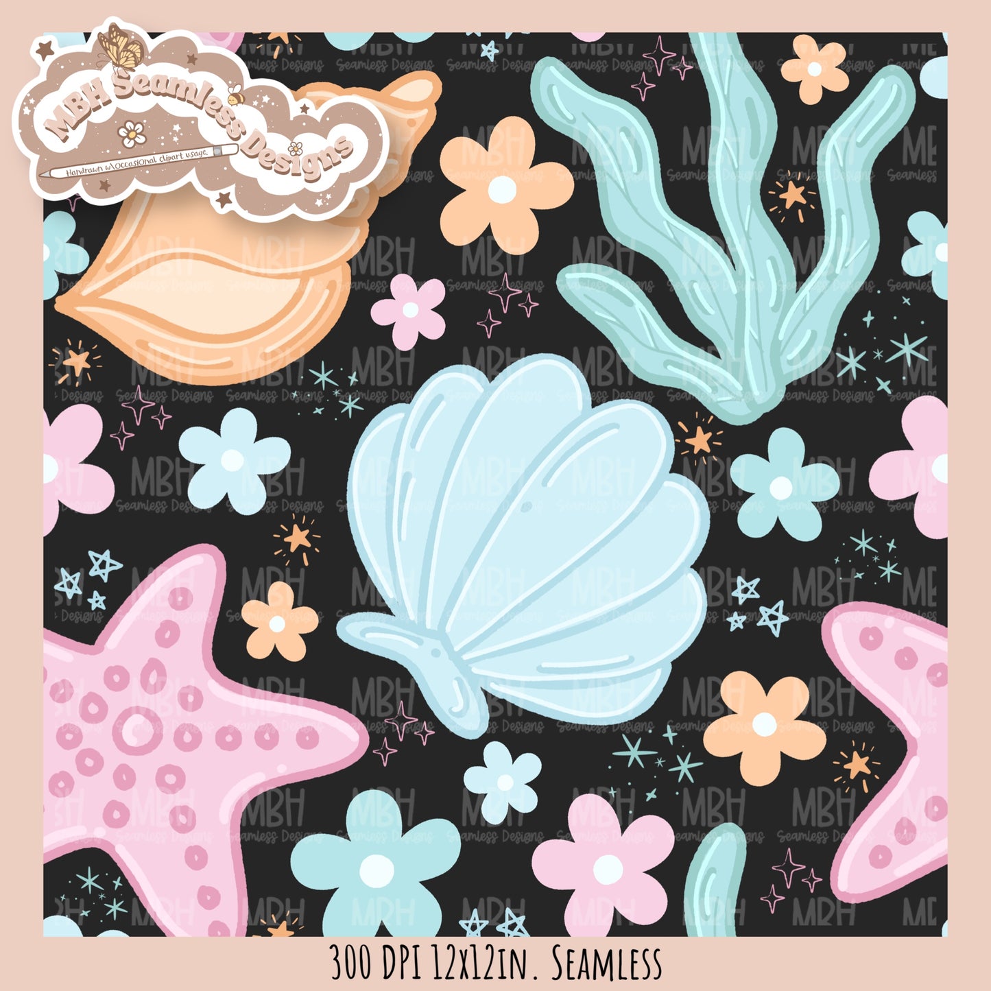 Pastel Seashells & Daisies Seamless Pattern MULTIPLE COLORWAYS