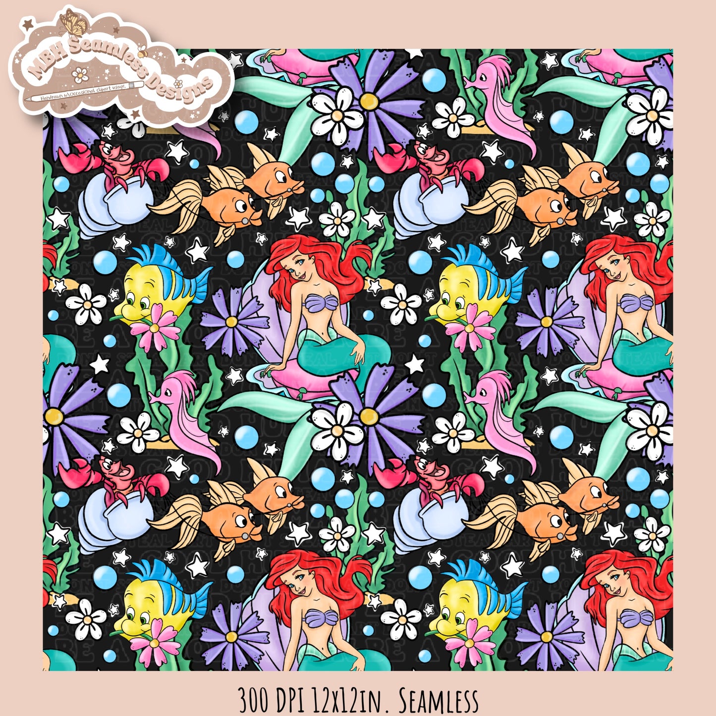 Little Mermaid Floral Seamless Pattern & PNG • MULTIPLE COLORWAY OPTIONS