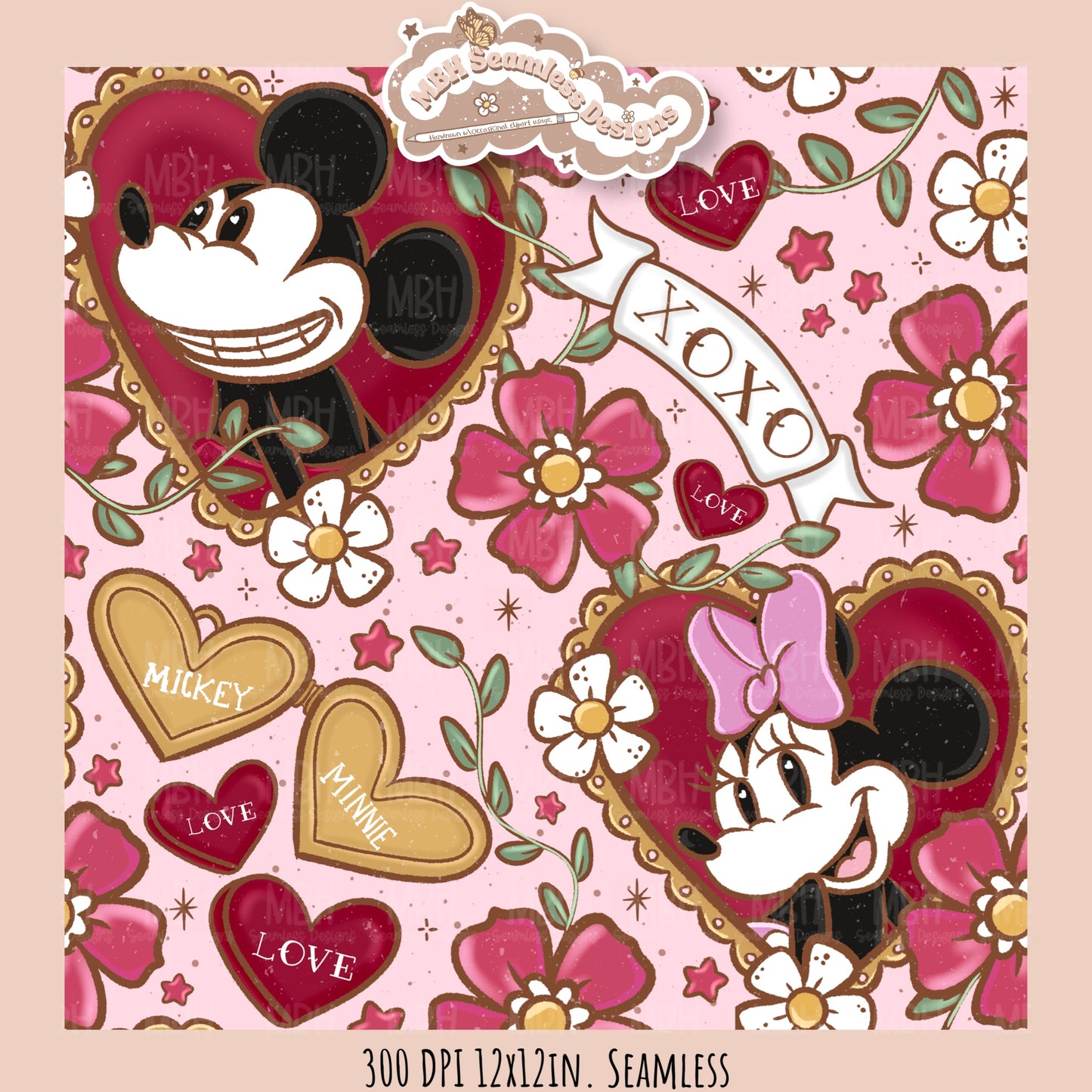 Tattoo FloralMouse Hearts Seamless Pattern // PNG //Multiple Colorways