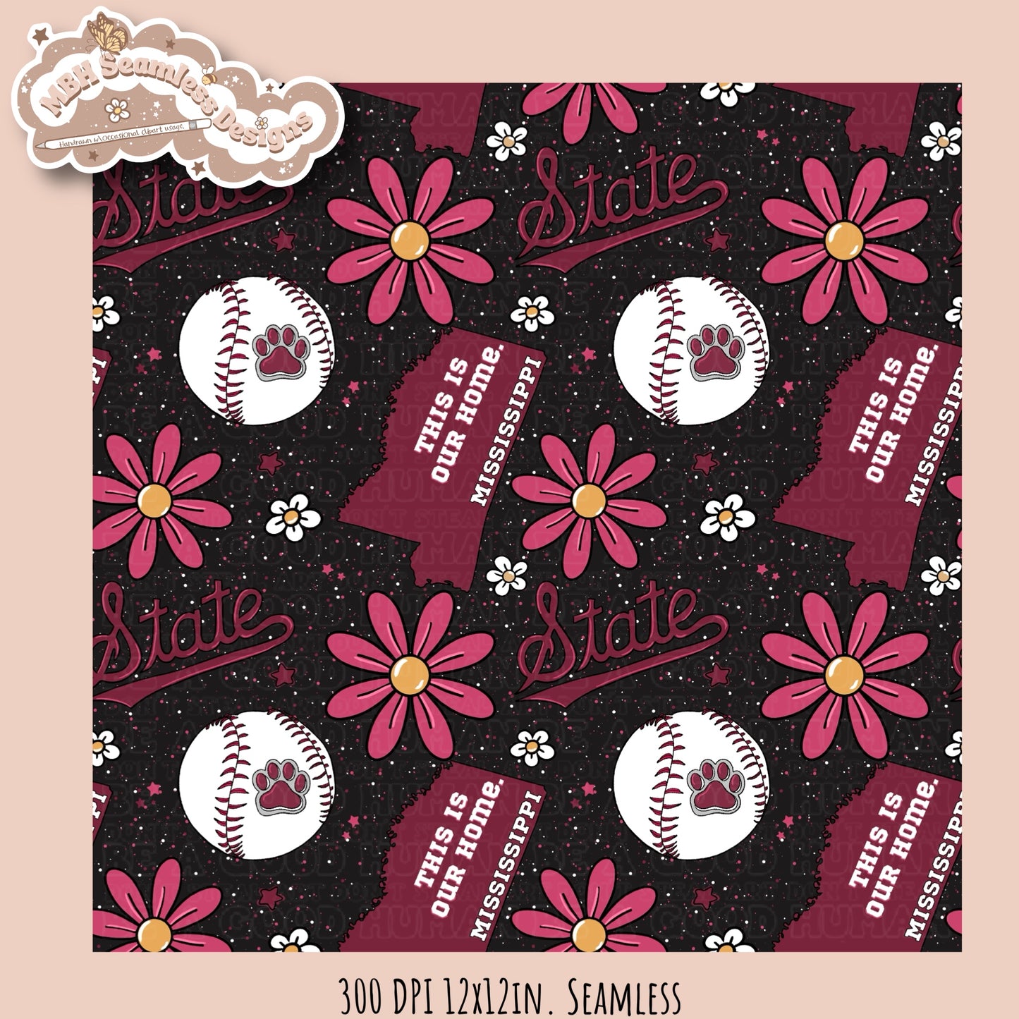 Mississippi State Softball Seamless Pattern MULTIPLE COLORWAYS