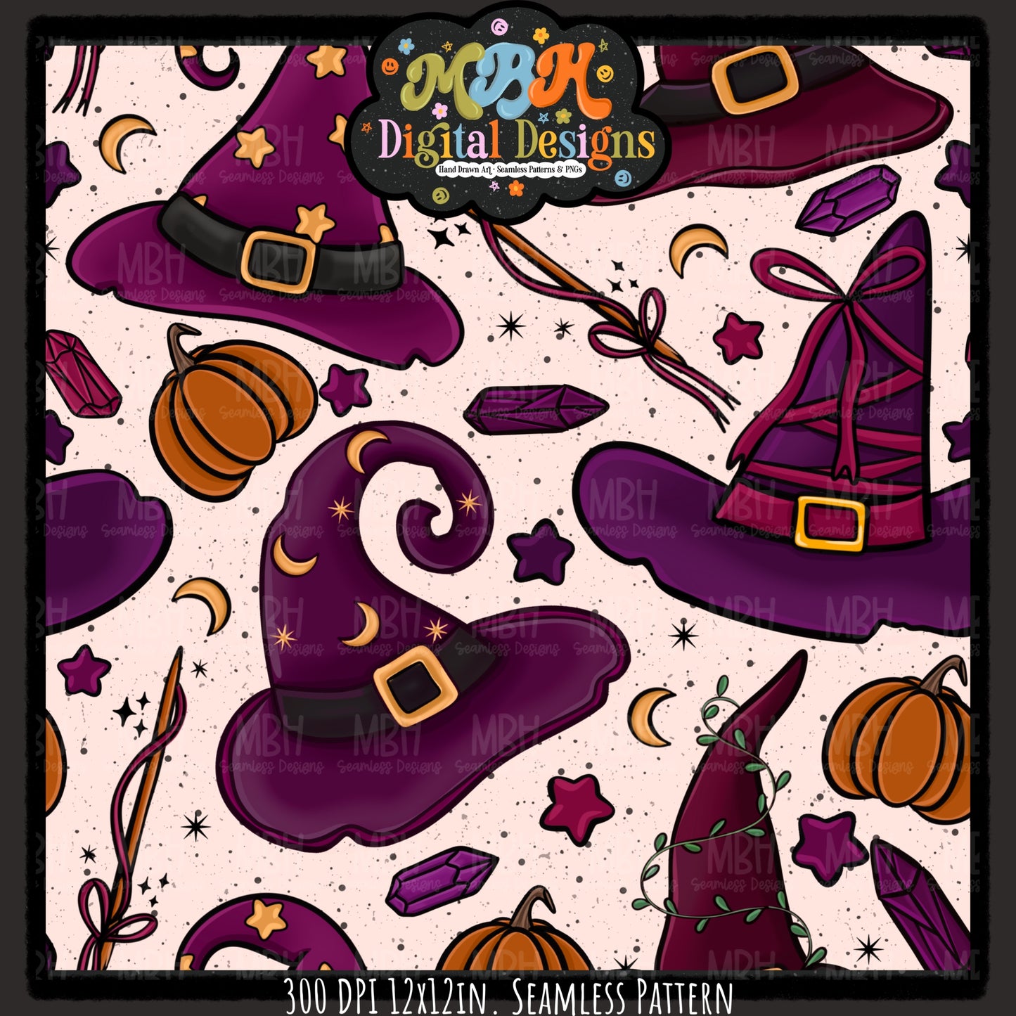 Witch Hats and Pumpkins Seamless Pattern // PNG // MULTIPLE COLORWAYS