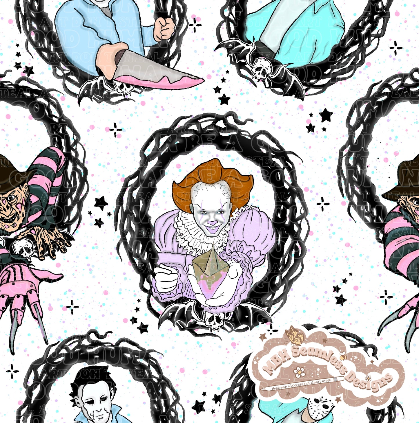 Pastel Horror Mashup Frames Seamless Pattern Multiple Colorways