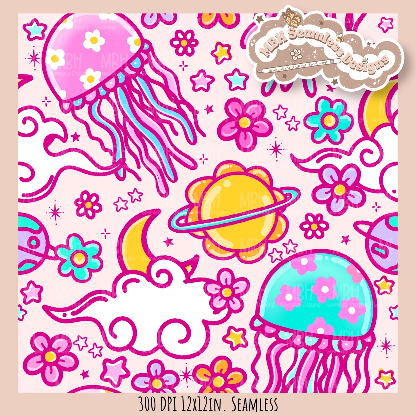 Space Jellyfish Seamless Pattern • Multiple Colorways •  Coordinates • PNG