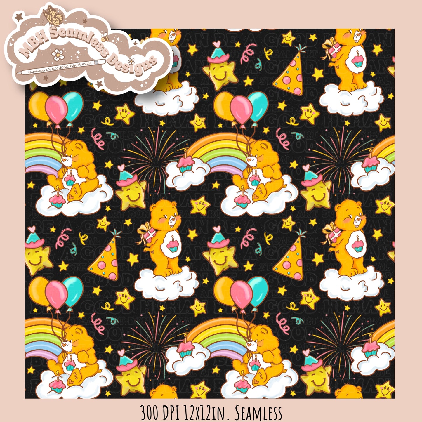 Birthday Care Bear Seamless Pattern & PNG MULTIPLE COLORWAY OPTIONS