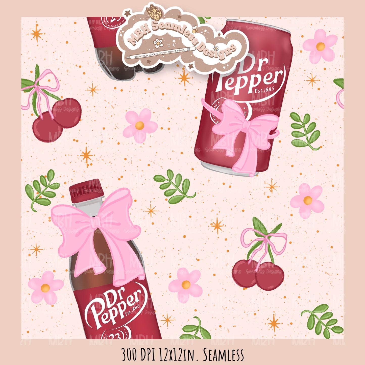 Coquette Dr. Pepper Floral Seamless Pattern // Multiple Colorway Options