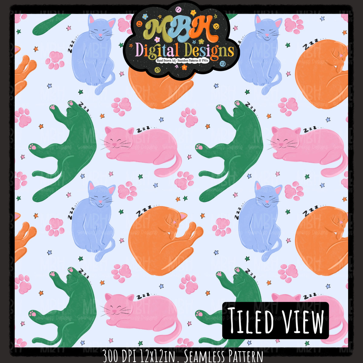 Retro Starry Sleepy Cats Seamless Pattern // PNG // MULTIPLE COLORWAYS