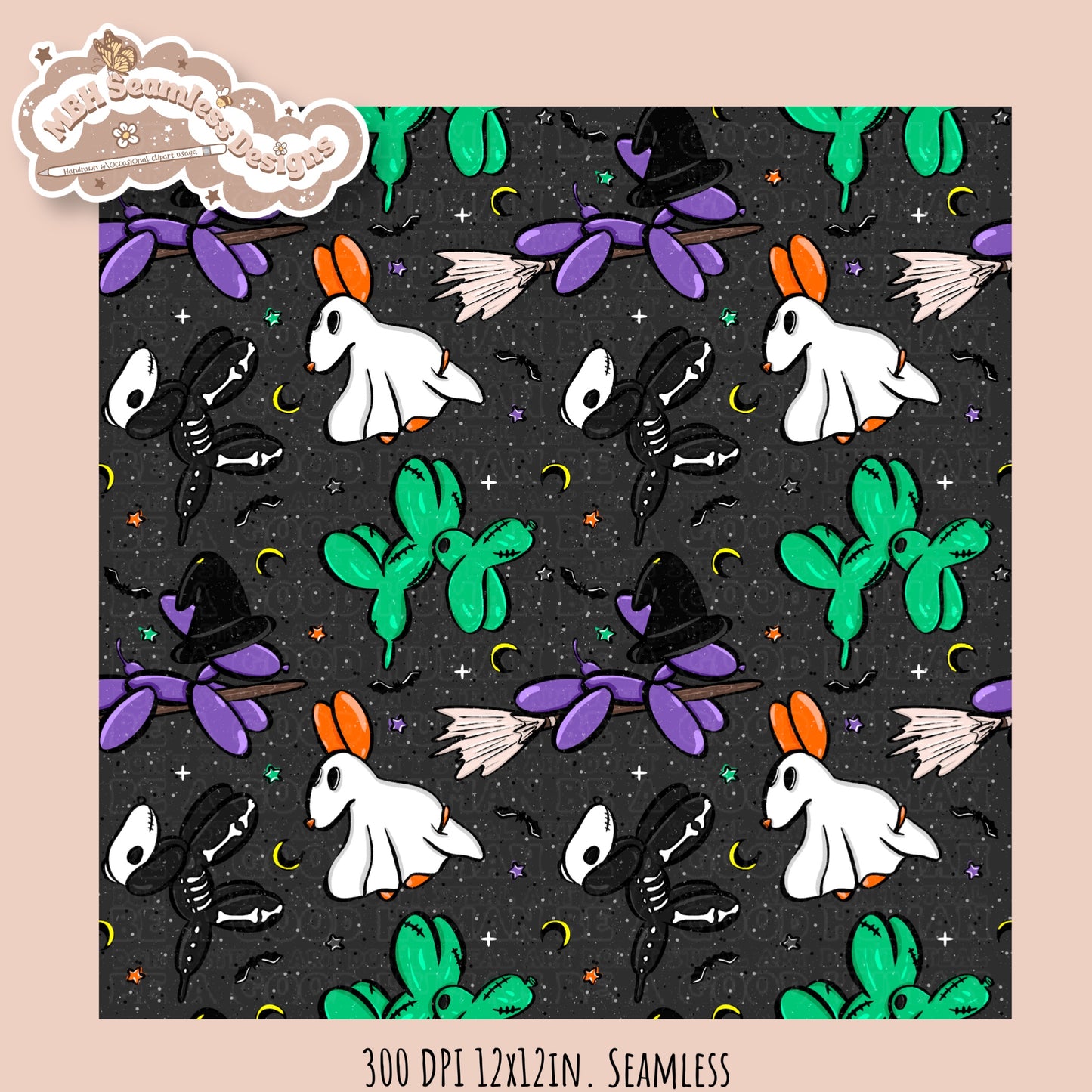 Halloween Balloon Dogs Seamless Pattern // PNG // Assorted Colorways