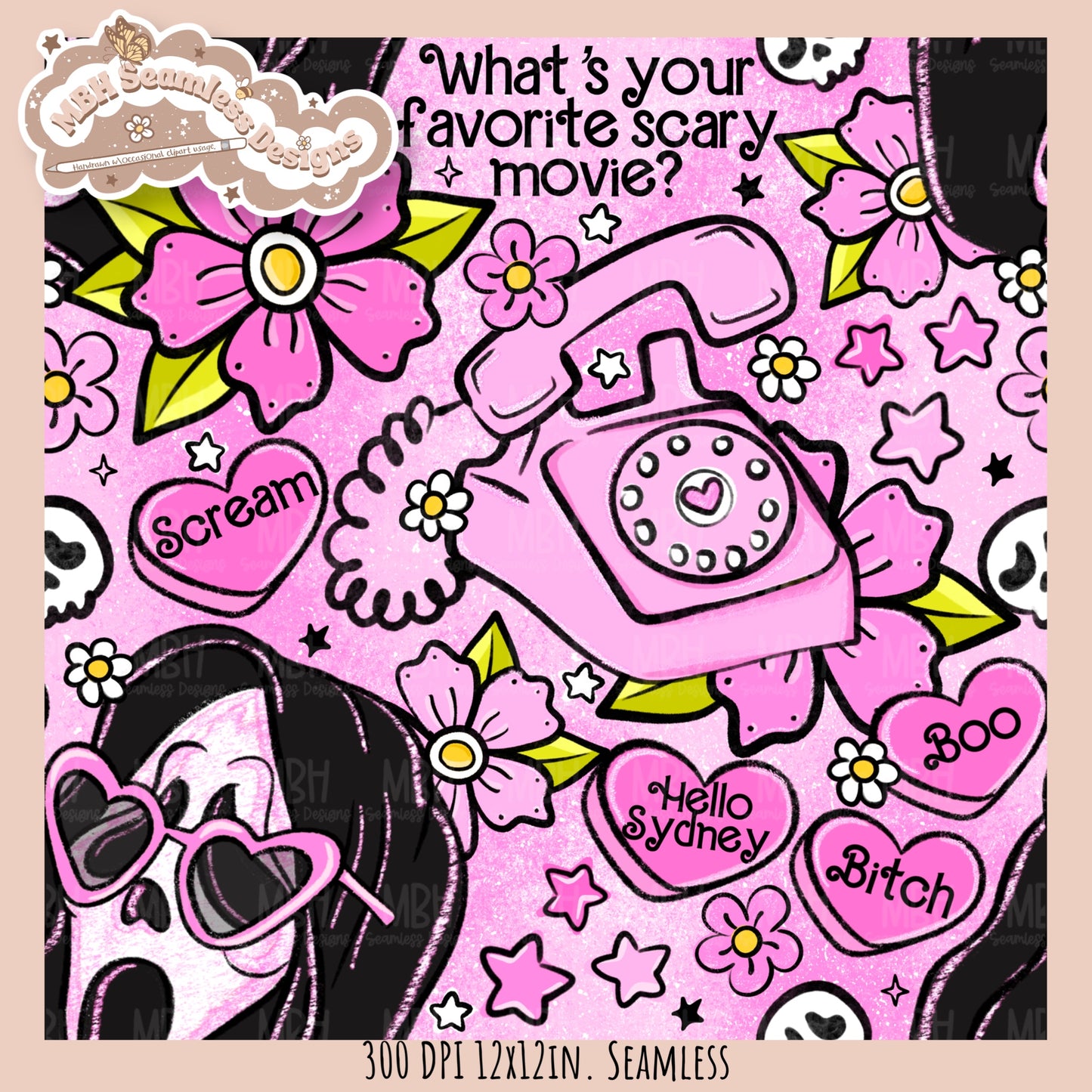 Glitter Tattoo Floral x Ghostface Seamless Pattern // PNG //Multiple Colorway Options