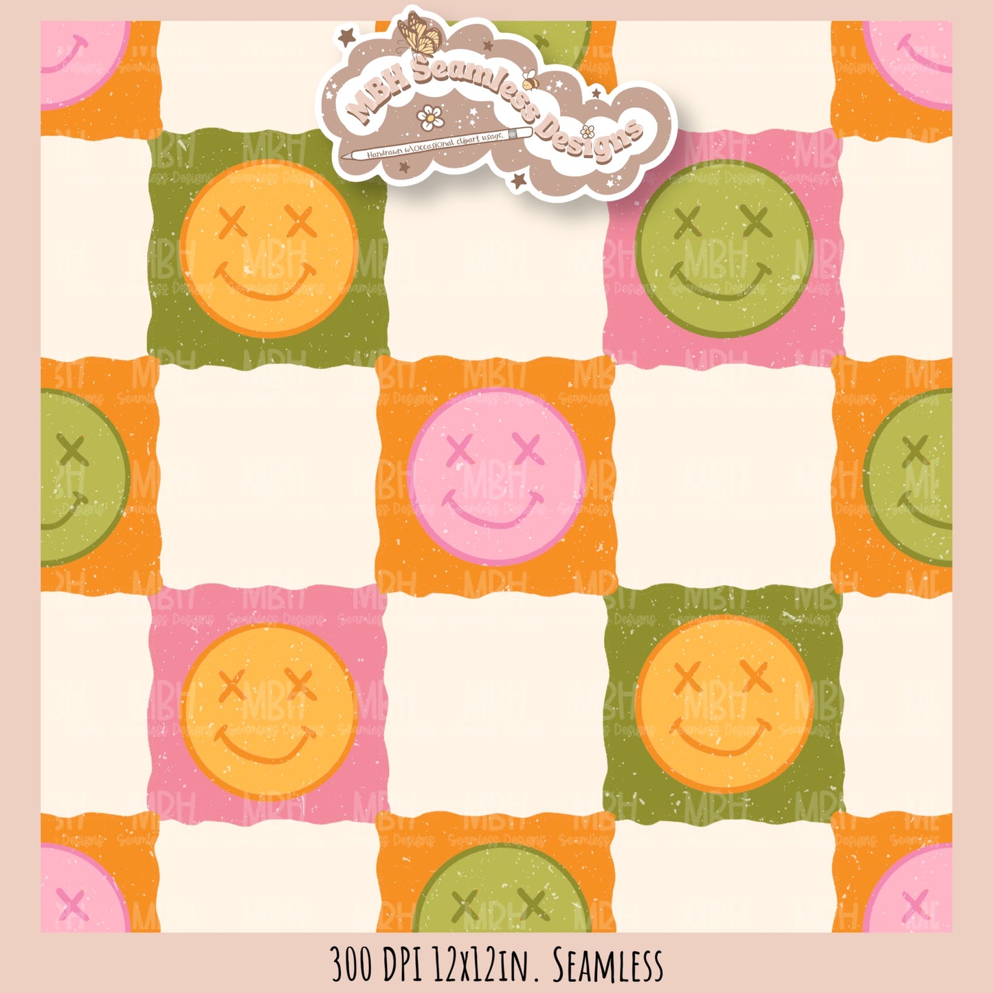 Retro Peace Love Happiness Checkered Coordinate Seamless Pattern // Smilies or Daisy Options