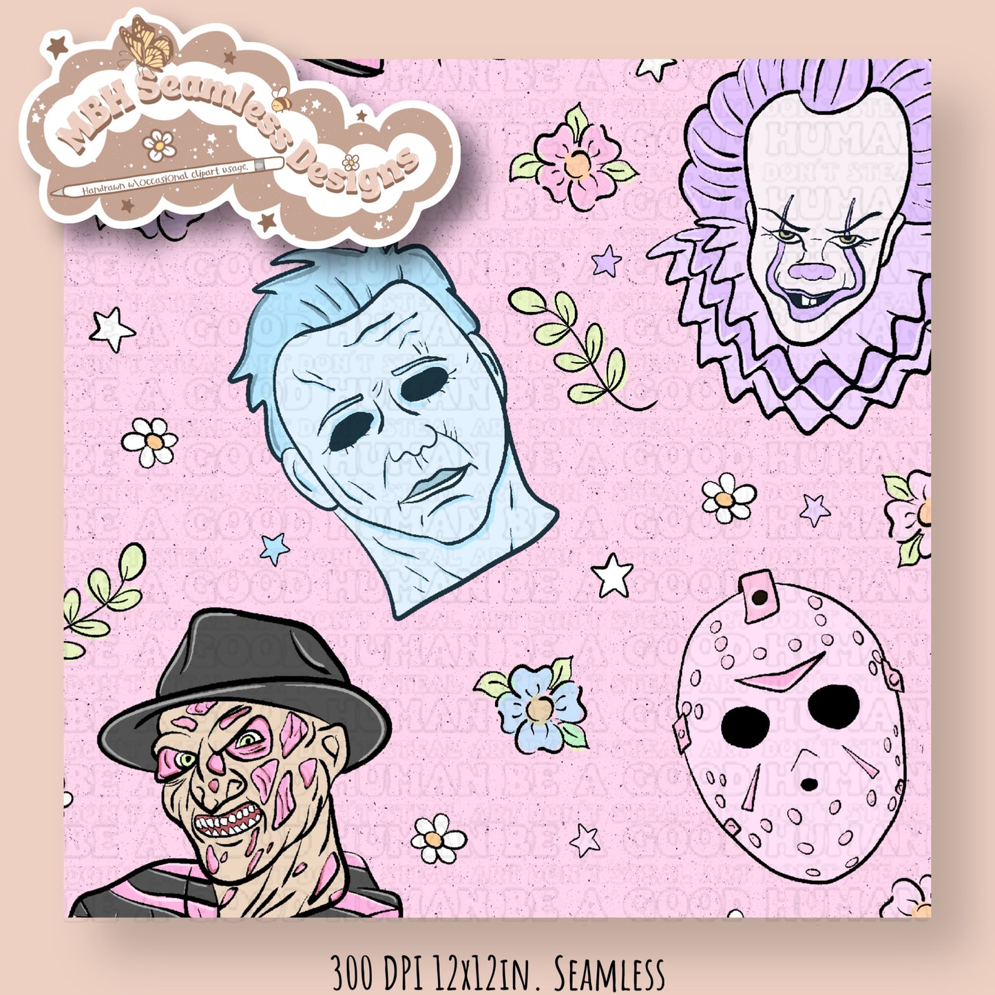 Pastel Floral Horror Mashup Seamless Pattern MULTIPLE COLORWAYS