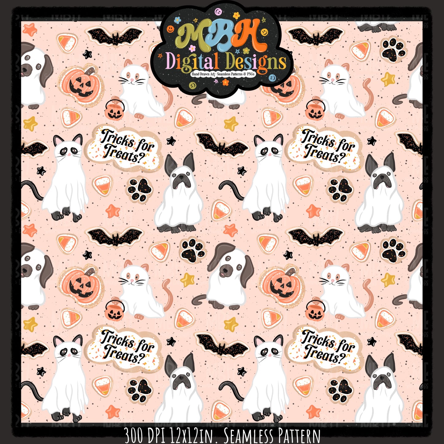 Ghost Cats & Dogs Seamless Pattern // PNG // MULTIPLE COLORWAYS