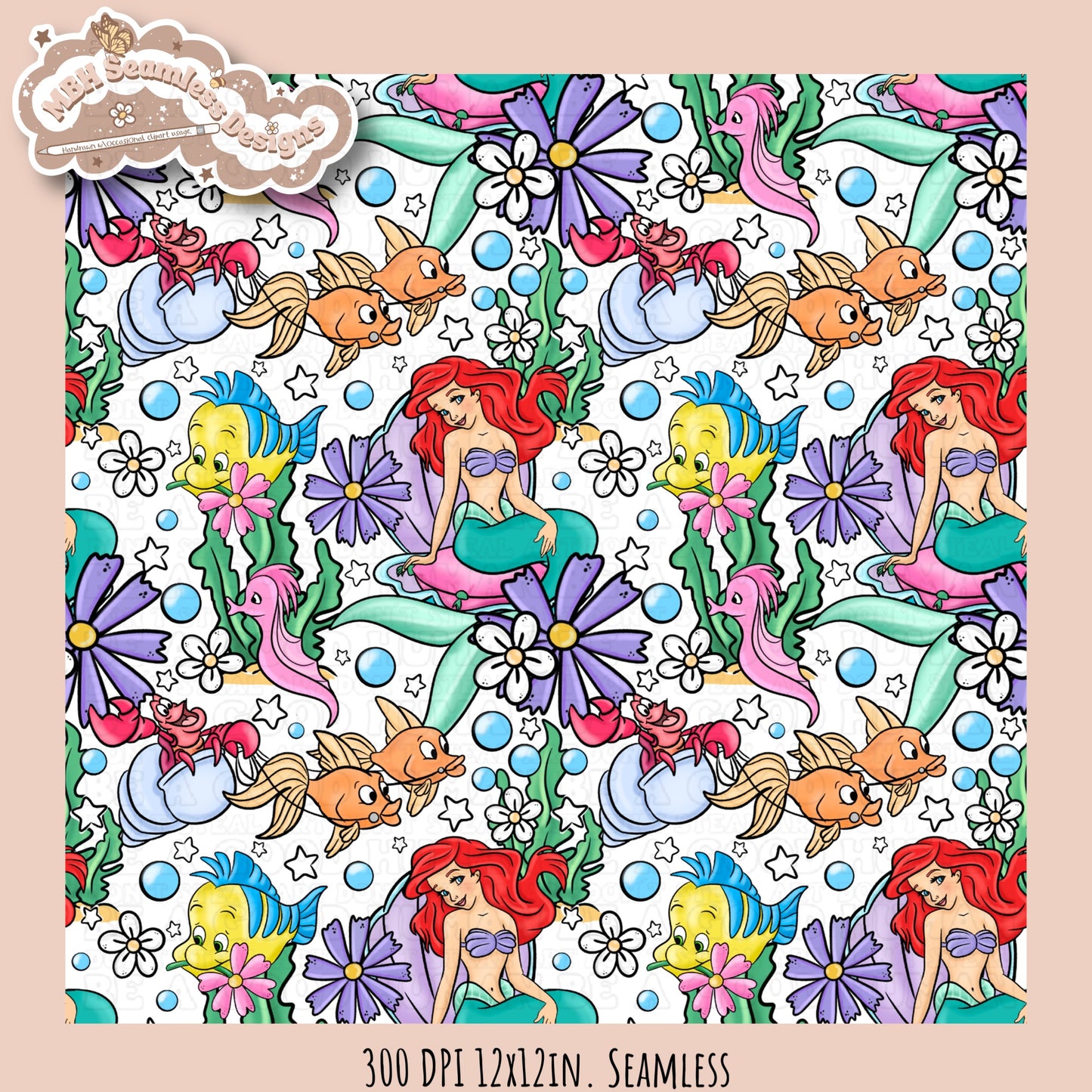 Little Mermaid Floral Seamless Pattern & PNG • MULTIPLE COLORWAY OPTIONS