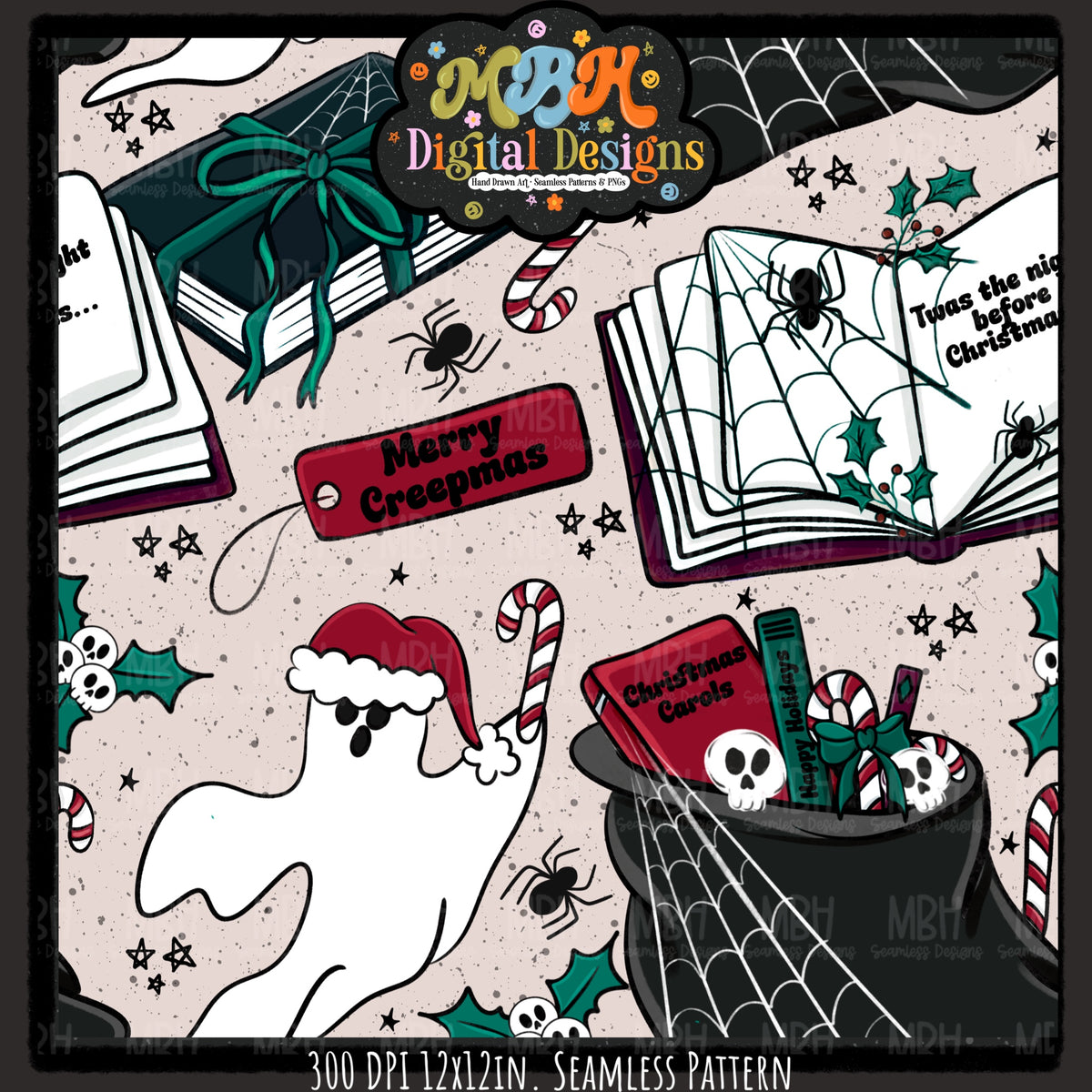 Bookish Creepmas Seamless Pattern // MULTIPLE COLORWAYS