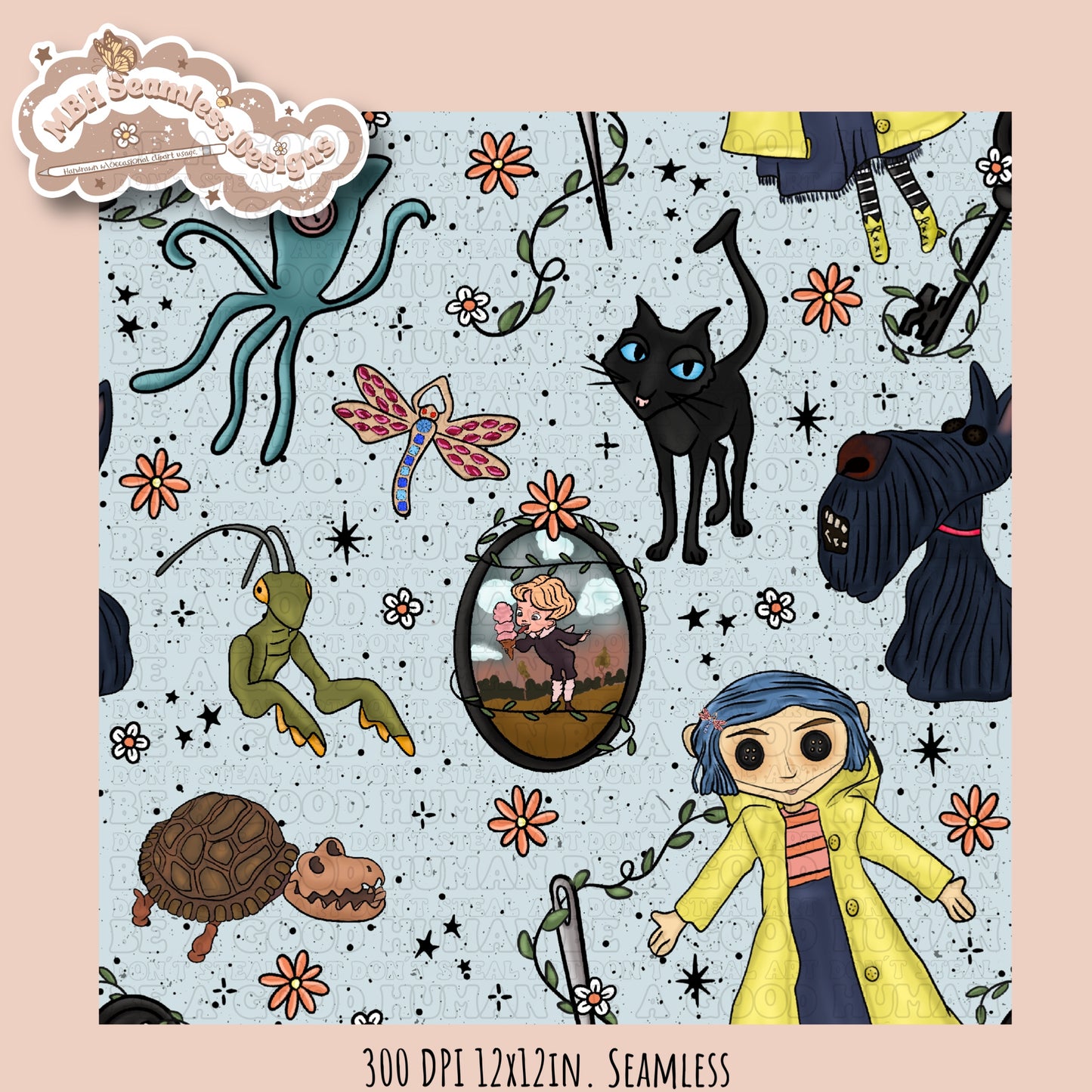 Boho Button Eyes Floral Seamless Pattern Multiple Colorway Options