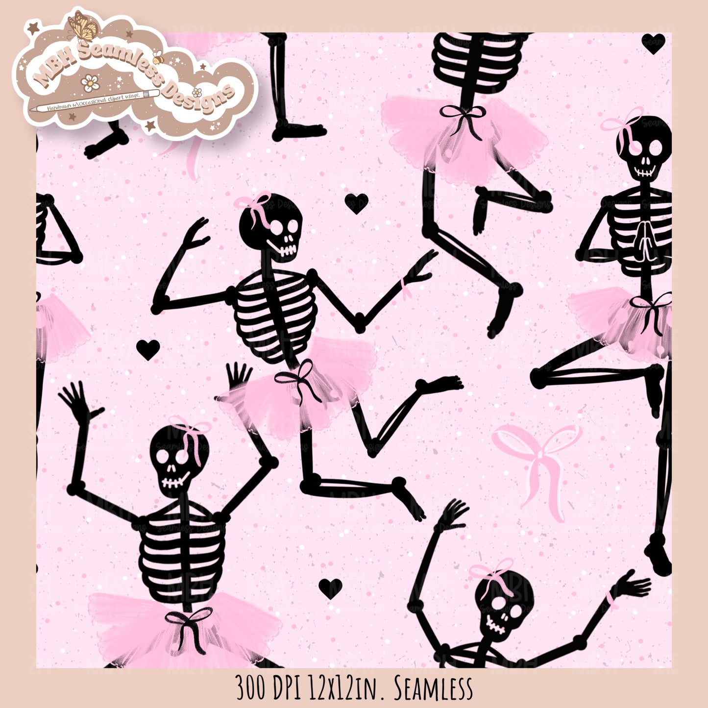 Ballerina Skeletons Seamless Pattern•PNG•Multiple Colorways