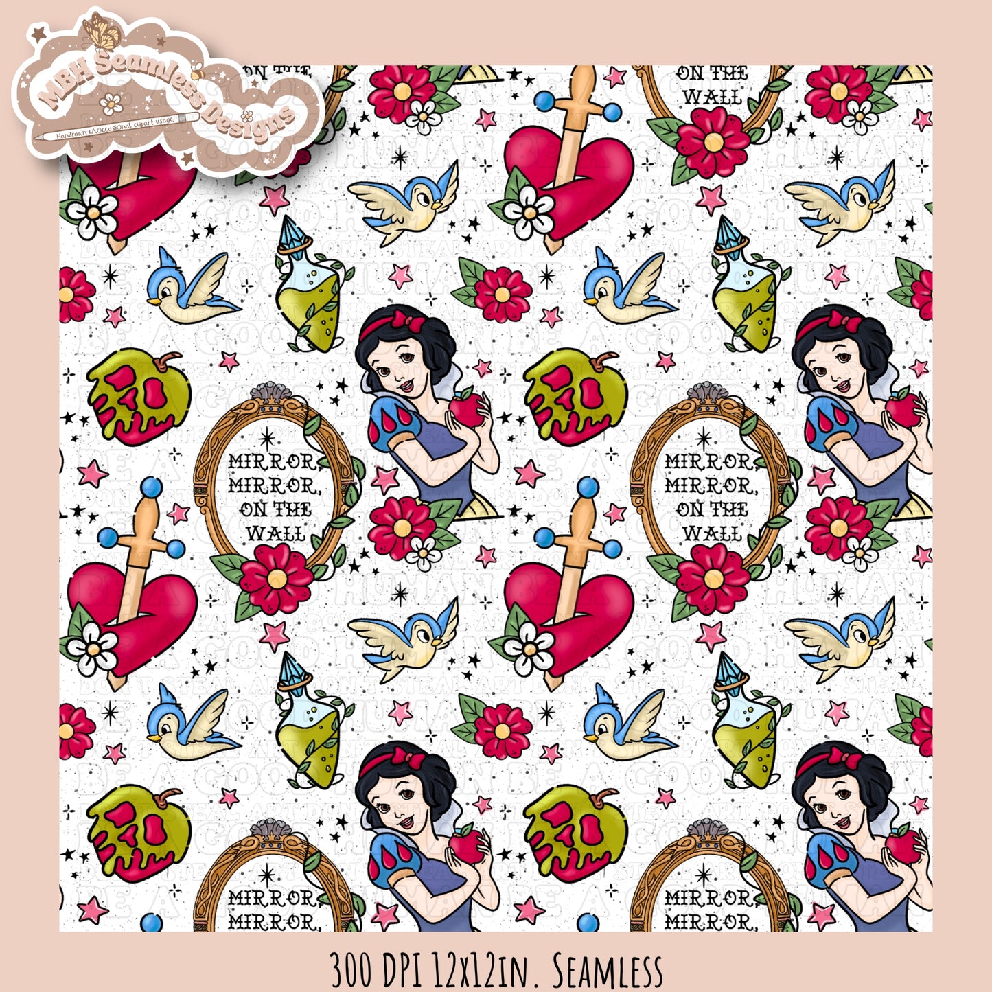 Snow White Tattoo Floral Seamless Pattern MULTIPLE COLORWAYS