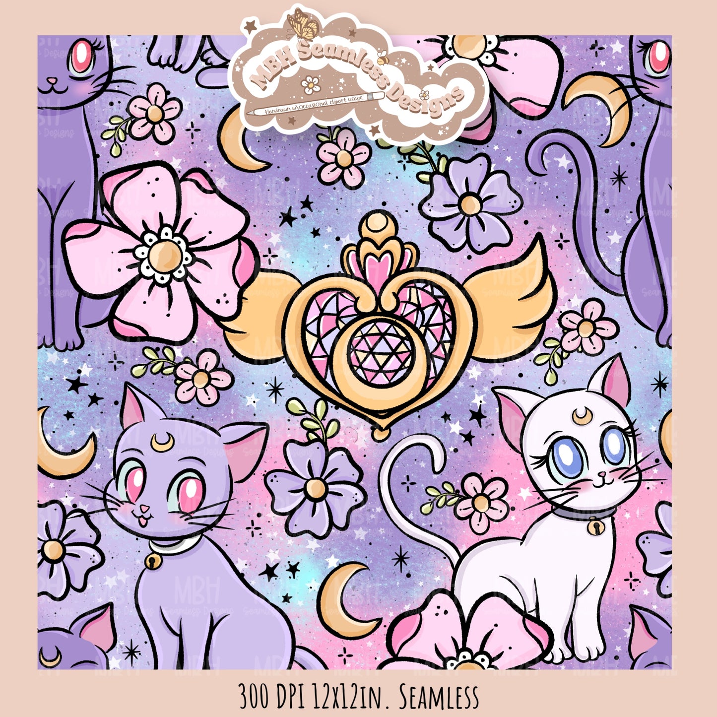 Sailor Moon Cats Seamless Pattern // PNG // MULTIPLE COLORWAY OPTIONS