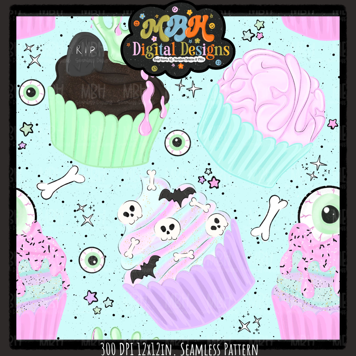Pastel Creepy Cupcakes Seamless Pattern // PNG // MULTIPLE COLORWAYS