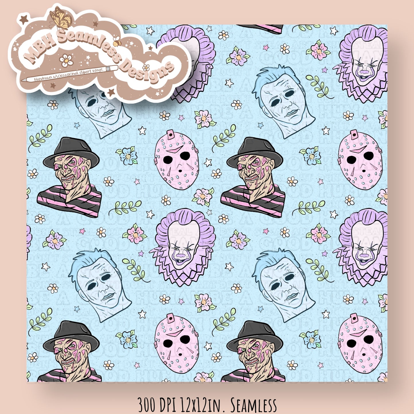 Pastel Floral Horror Mashup Seamless Pattern MULTIPLE COLORWAYS