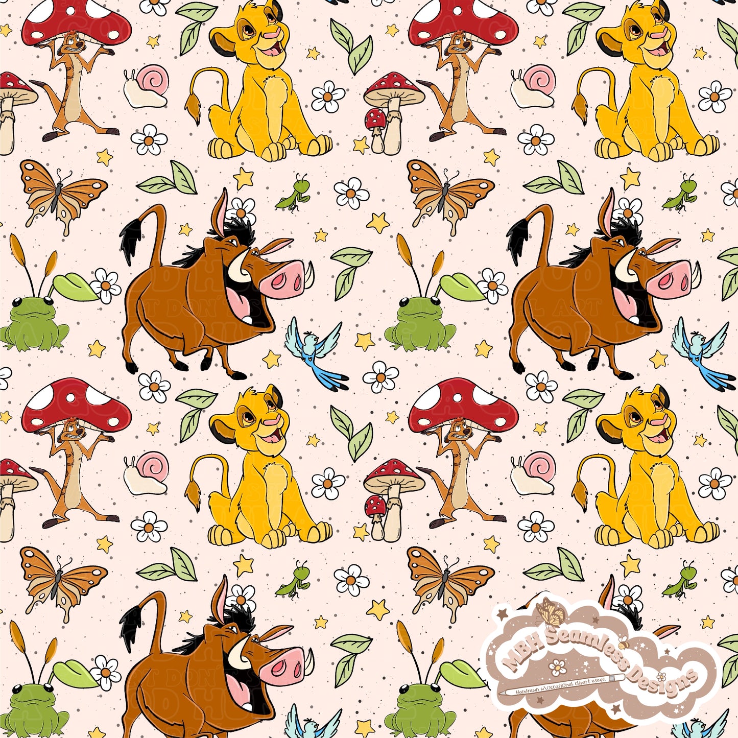 Cottagecore Lion and Friends Seamless Pattern & PNG MULTIPLE COLORWAYS