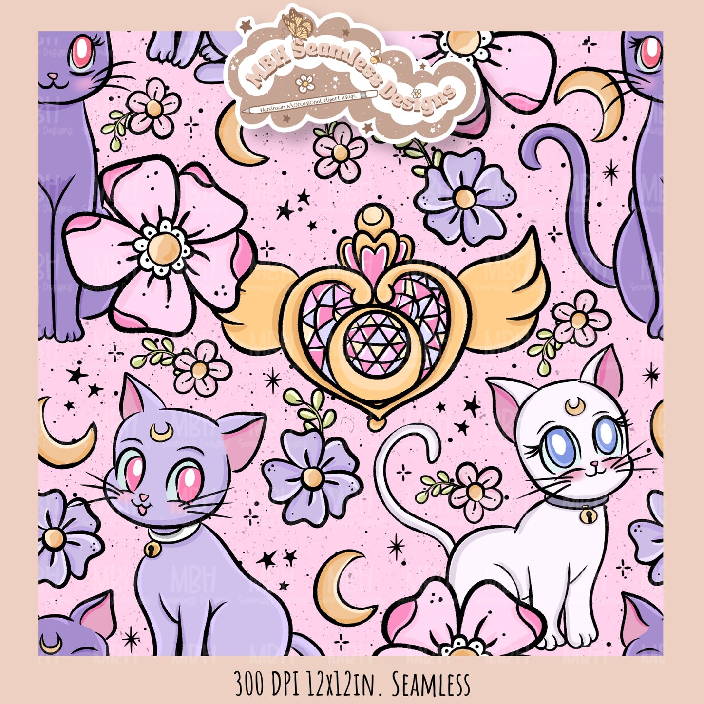 Sailor Moon Cats Seamless Pattern // PNG // MULTIPLE COLORWAY OPTIONS