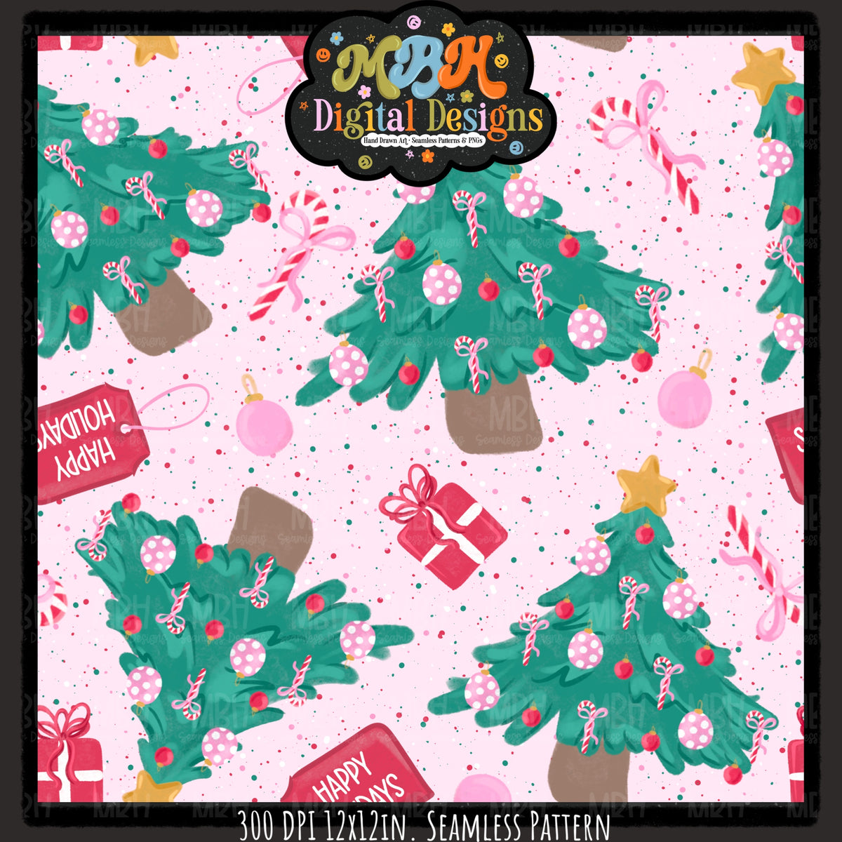 Happy Holiday Trees Seamless Pattern // PNG // MULTIPLE COLORWAYS