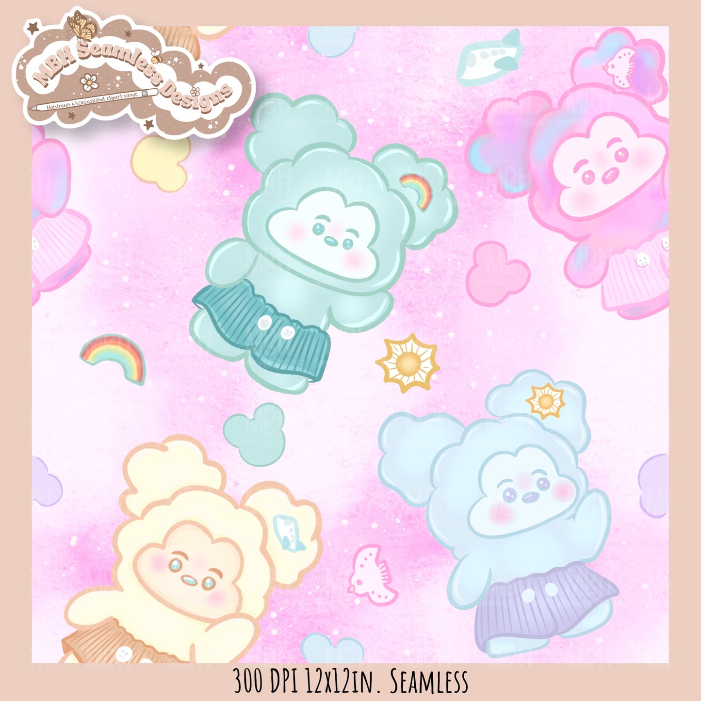 Head In The Clouds Mouse Seamless Pattern // Assorted Colorway Options