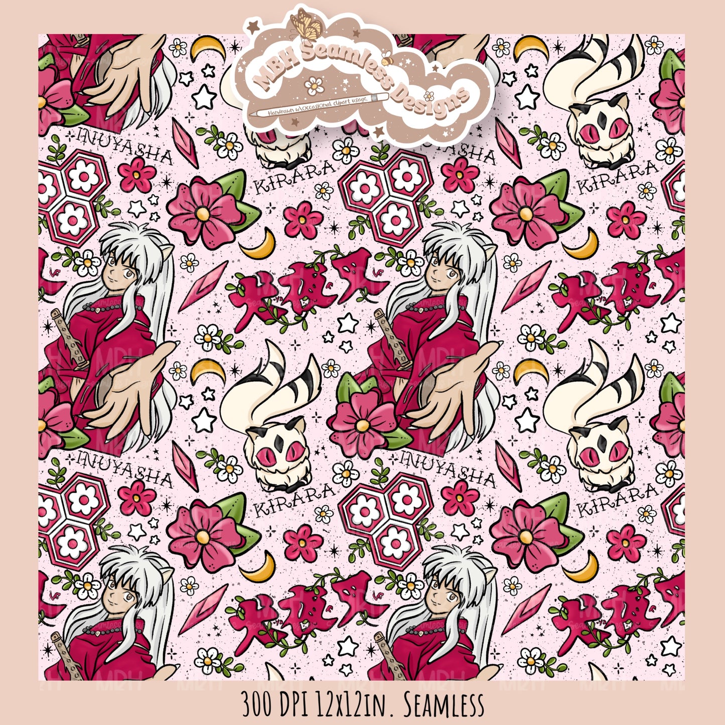 InuYasha Kirara Floral Seamless Pattern // PNG // MULTIPLE COLORWAY OPTIONS